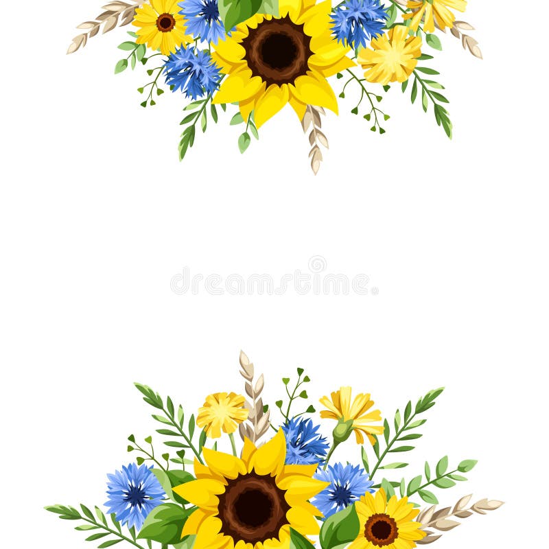 Background with blue and yellow flowers. Vector greeting or invitation card design