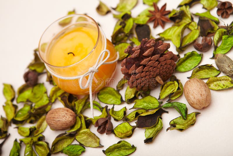 Background with Candle and Dried Plants. Stock Image Image of
