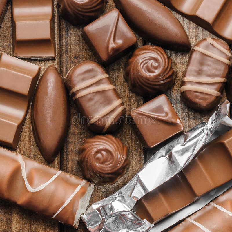 Background of Chocolates, Bars and Sweets, Free Space for Text Stock