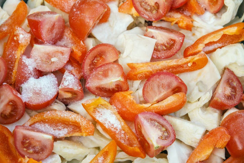 Background from Chopped Tomatoes and Cabbage. Healthy Food Concept Stock Image Image of salt