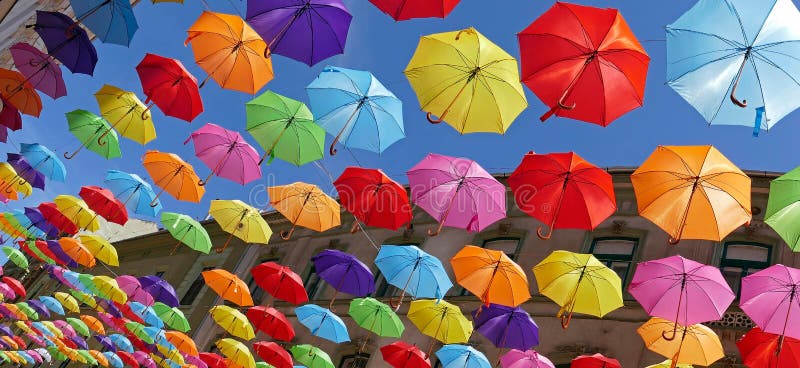 Background with colored umbrellas on one street in Timisoara 1