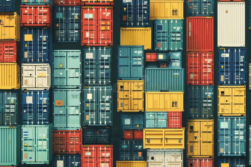 Background with colorful shipping containers stacked at commercial dock. Cargo freight shipping and logistics industry.