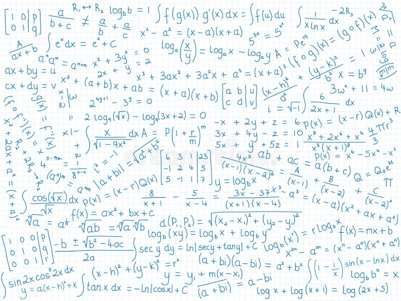 Background of mathematical formulae on blue-lined paper