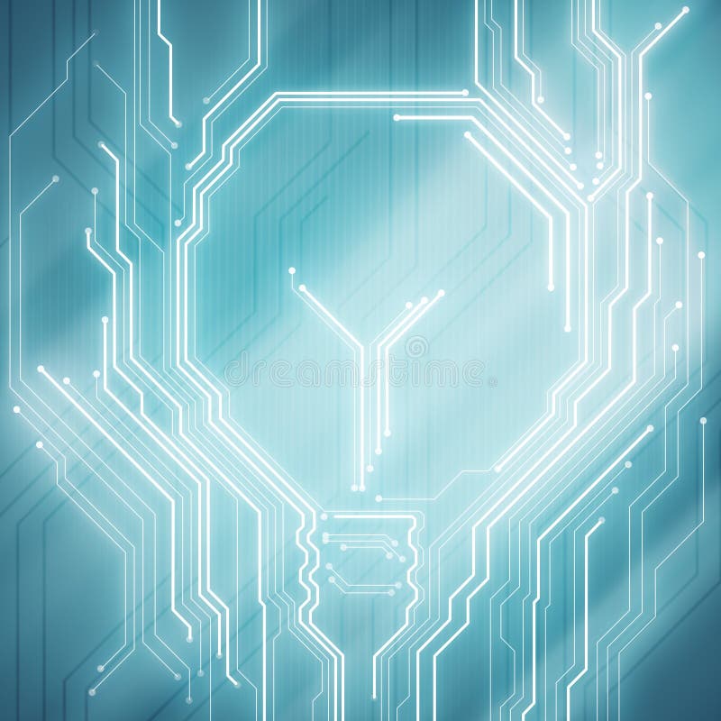 Background conceptual image of digital chip lightbulb on blue stock illustration