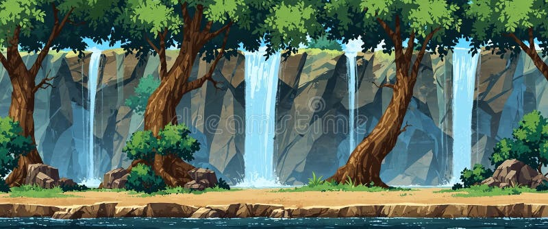 Fundalul constă dintr-un peisaj 2d cu arbori cascadori și un fundal parallax pe care această imagine a fost creată pentru un royalty free stock photos