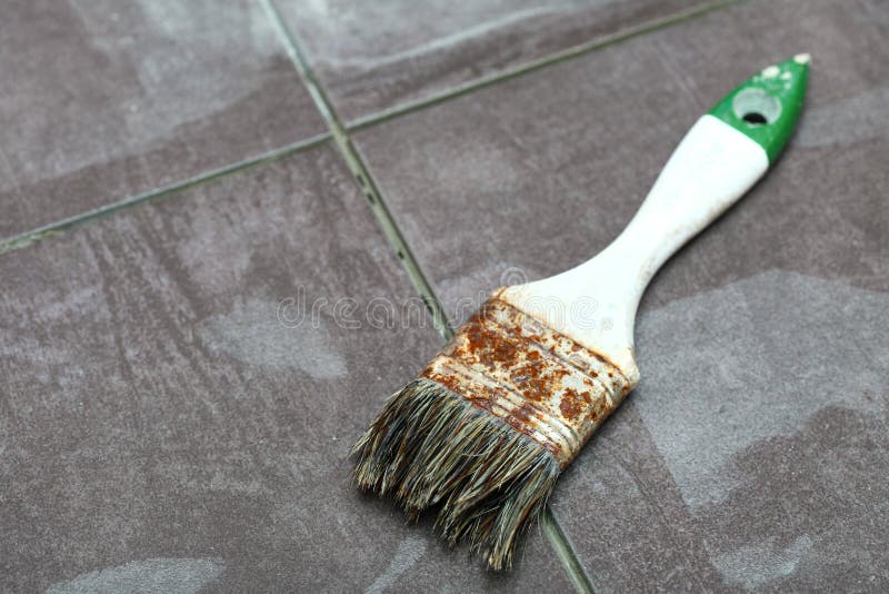 Construction Brush Worker is Tiling at Home Tile Floor Adhesive Stock Image Image of estate