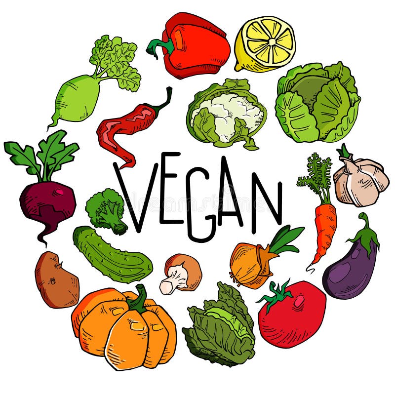 Background contour consisting of vegetables and fruit icons arranged in a circle stock illustration Background contour consisting of vegetables and fruit icons arranged in a circle stock illustration