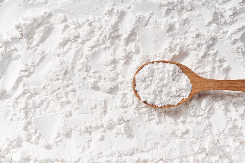 Background of Corn Starch Flour Powder Texture Closeup. Top View Stock