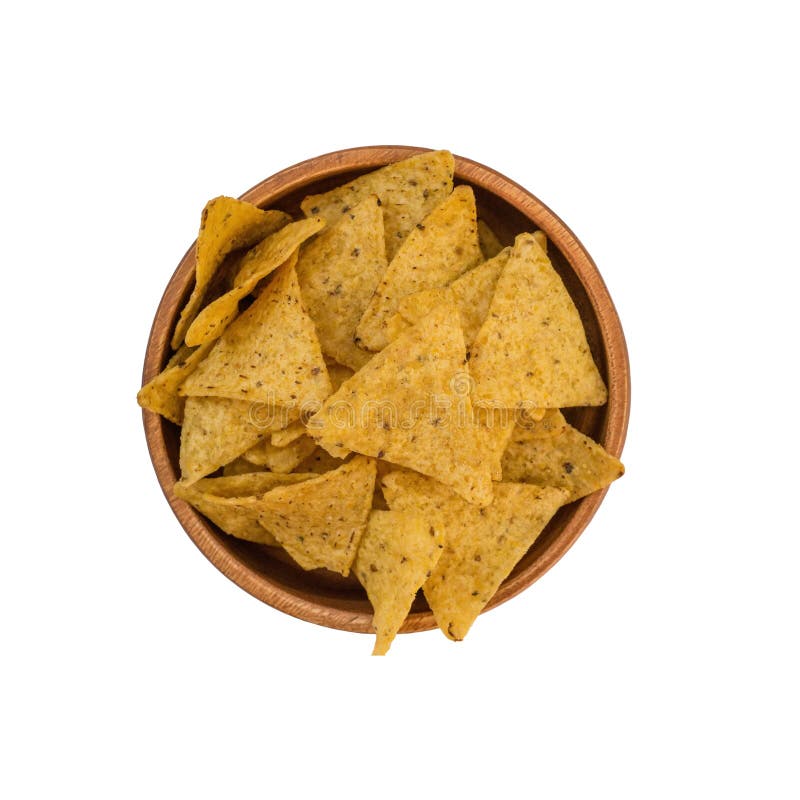 Corn Tortillas or Nachos, Fried Over an Open Fire, Lie in a Wooden Bowl. Copy Space Stock Image