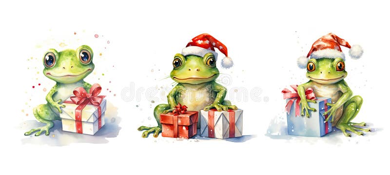 background cute frog with christmas gift watercolor ai generated