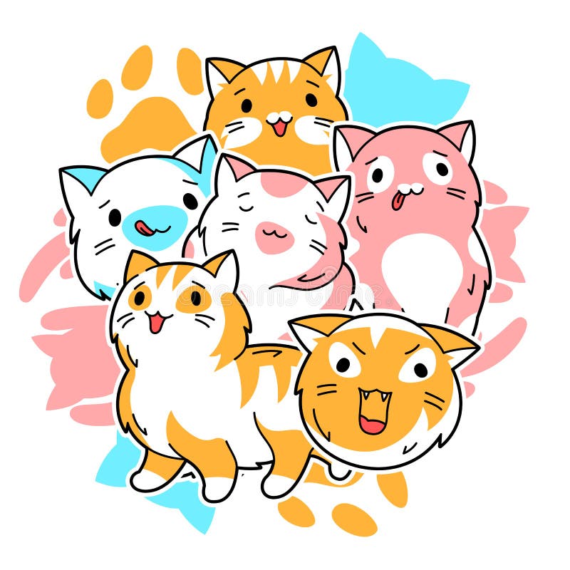 Set of Kawaii Cats with Different Facial Stock Vector - Illustration of ...