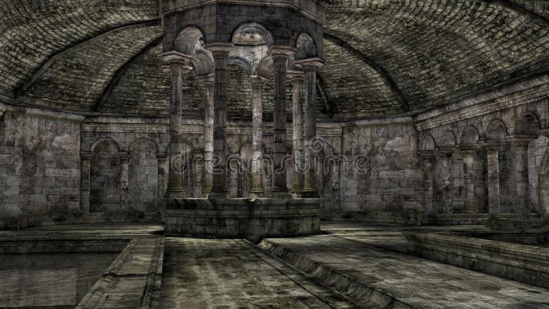 Background 3D render of an ancient stone building interior with a central open well vector illustration