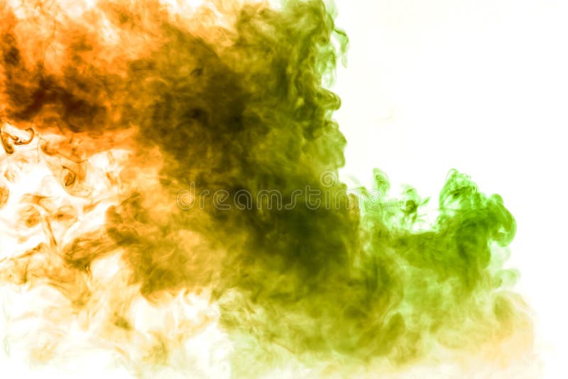 Background of dark green, yellow, orange and red wavy smoke on a white isolated ground. Abstract pattern of steam from vape