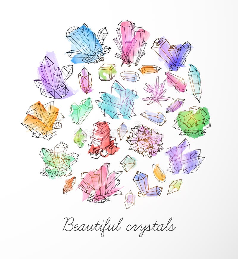 Background with doodle sketch crystals. Collection of minerals on white background