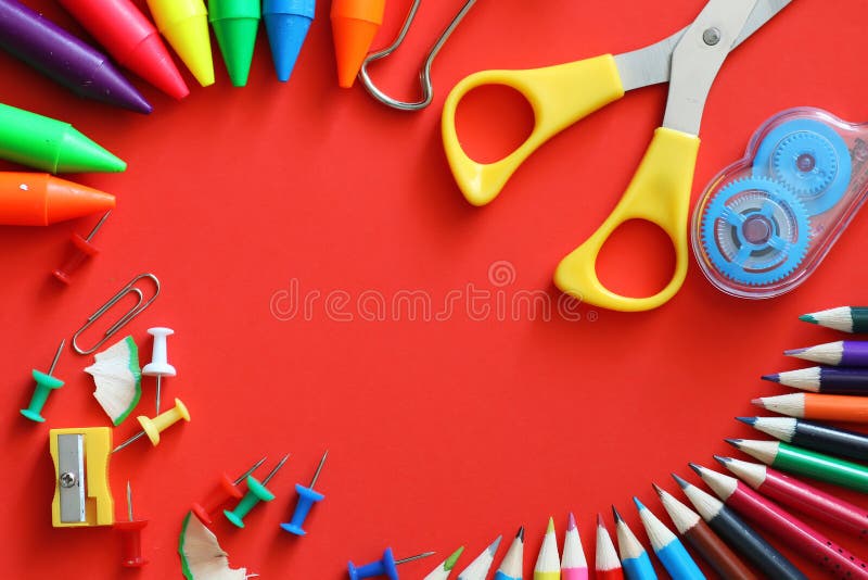Stationery red background stock image. Image of education 100478613
