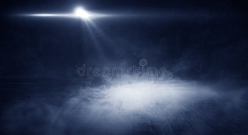 Background of empty room with brick wall and concrete floor. Smoke, fog, neon light stock images