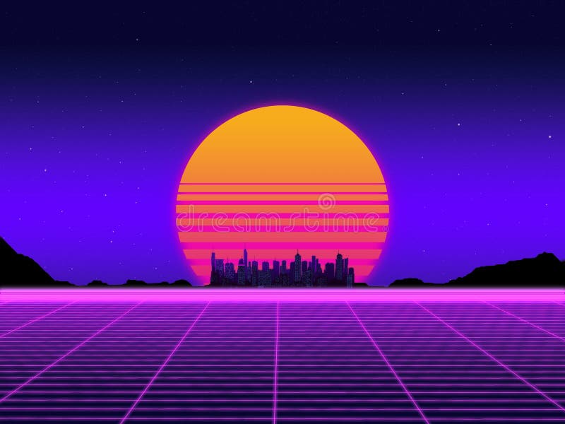 Background With The Evening Sun In The Style Of Retrowave On A Neon Sky With Stars, Cities On The Horizon And A Luminous Grid Stock Illustration - Illustration Of Blue, Synthwave: 182235712
