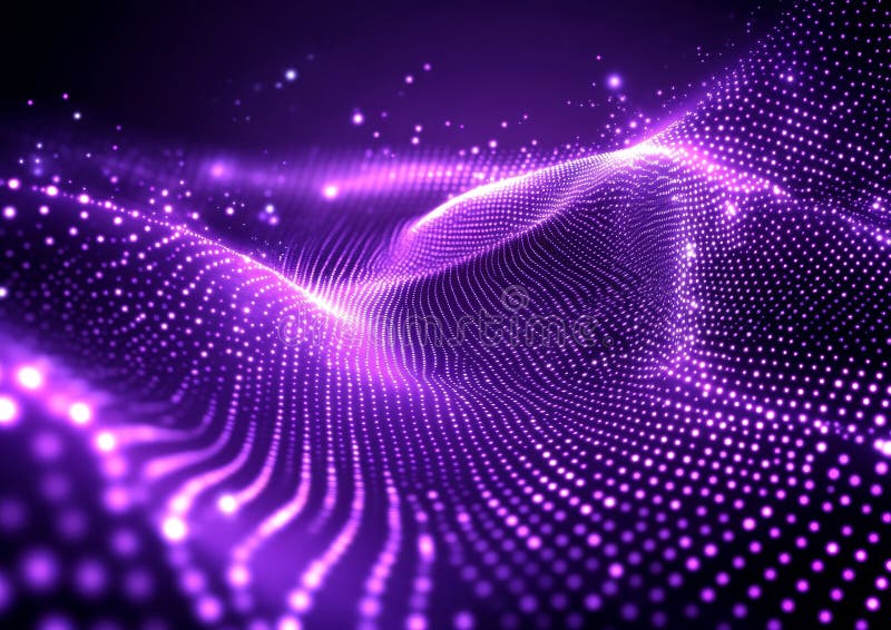 The background features a vibrant purple abstract pixel texture with a square noise effect, complemented by a futuristic royalty free stock photo