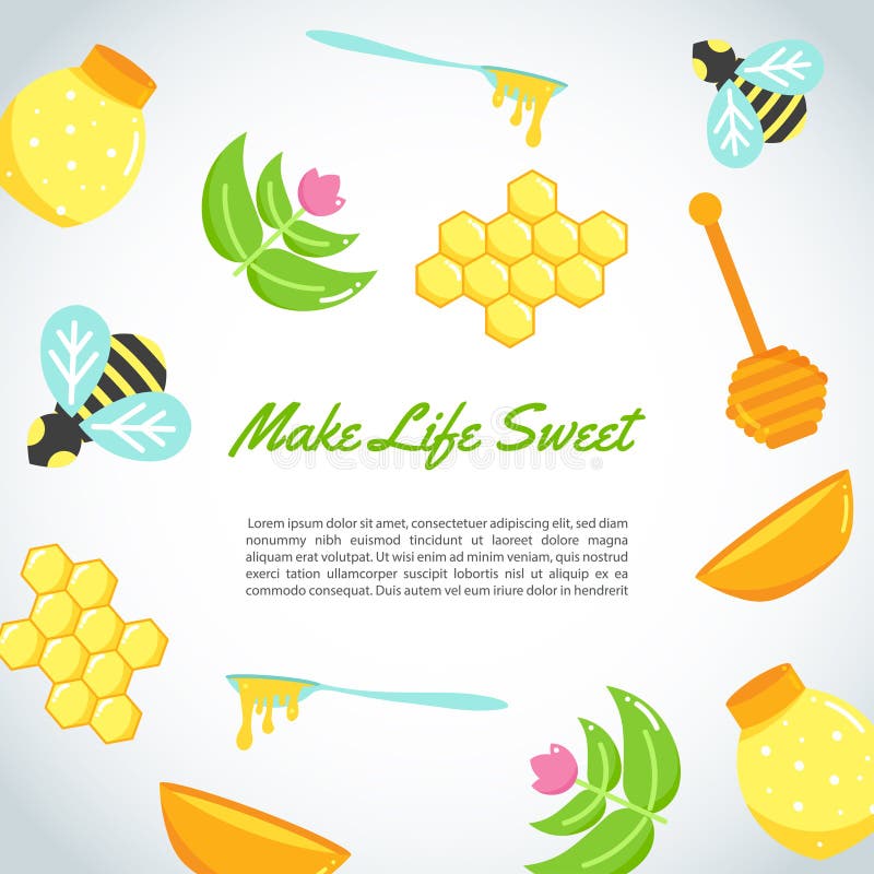 Background with flat honey elements. Poster with bee, beehive, jar, honeycomb. Vector vector illustration