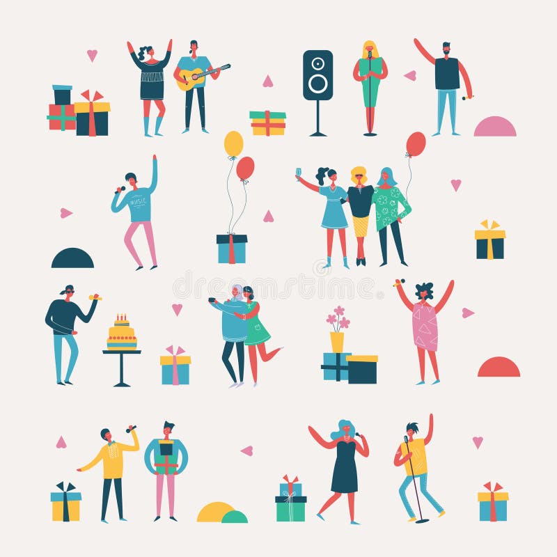 Background in a Flat Style of Happy Dancing and Singing People Stock ...