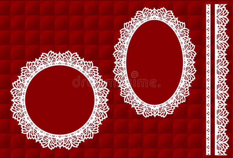 Decorative oval and round lace doily picture frames and trim on red quilted background for Christmas, Valentines day, albums, scrapbooks, holidays, celebrations, sewing, decorating, arts and crafts. Copy space. EPS8 compatible. Decorative oval and round lace doily picture frames and trim on red quilted background for Christmas, Valentines day, albums, scrapbooks, holidays, celebrations, sewing, decorating, arts and crafts. Copy space. EPS8 compatible.