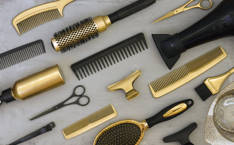 Background with Gold and Black Hair Salon Accessories. Stock Photo - Image  of barbershop, beauty: 204941608
