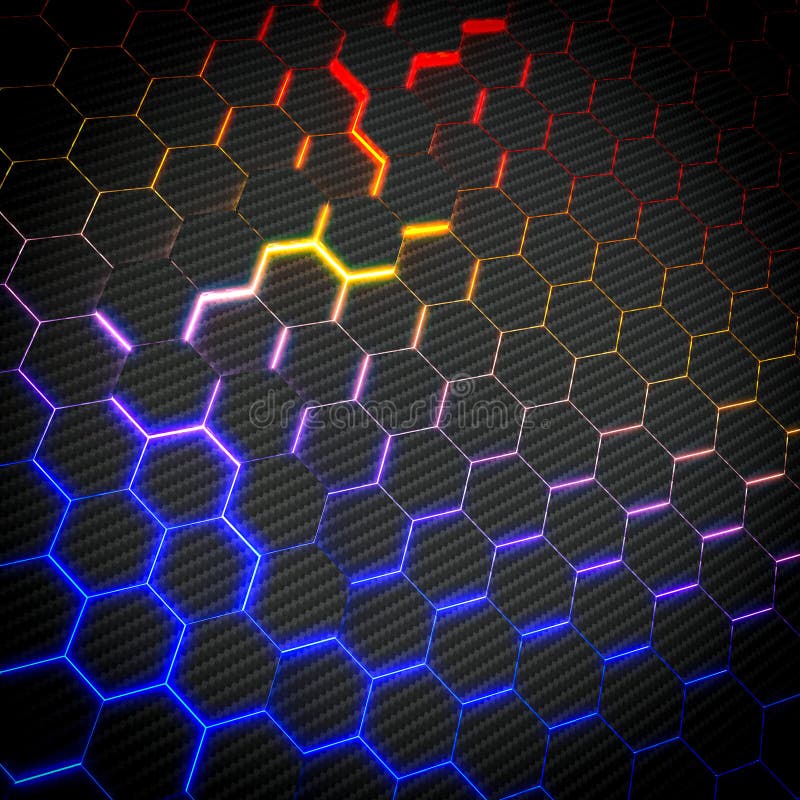 Background with Hexagonal Shapes in Carbon Fiber and Colored Lights Stock Illustration