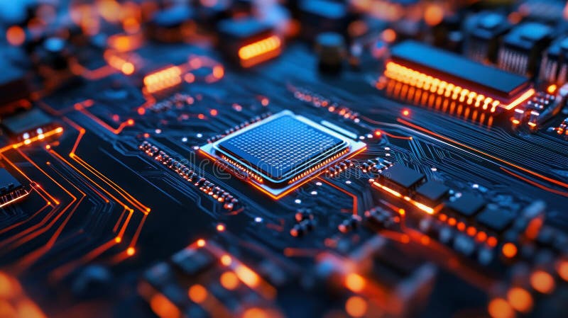 Background illustration with high end chip technology in blue and orange color royalty free stock photography