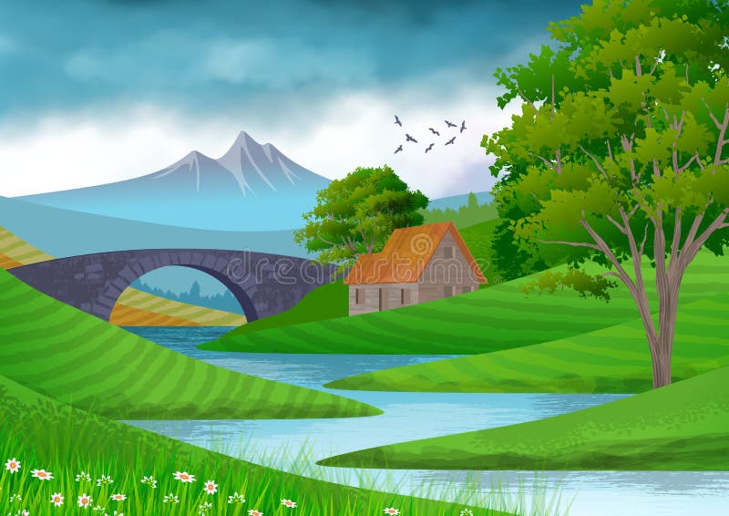 Background with Illustration of Natural Landscape. in the Foreground, a  River with a Bridge, a Country House and Trees Stock Illustration -  Illustration of river, nature: 178197980