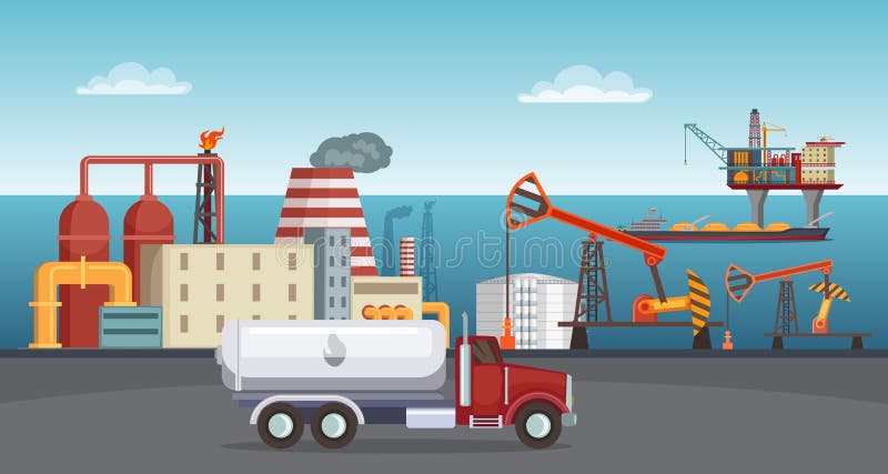Background illustration of petroleum industry. Oil refinery, terminal of production royalty free illustration Background illustration of petroleum industry. Oil refinery, terminal of production royalty free illustration