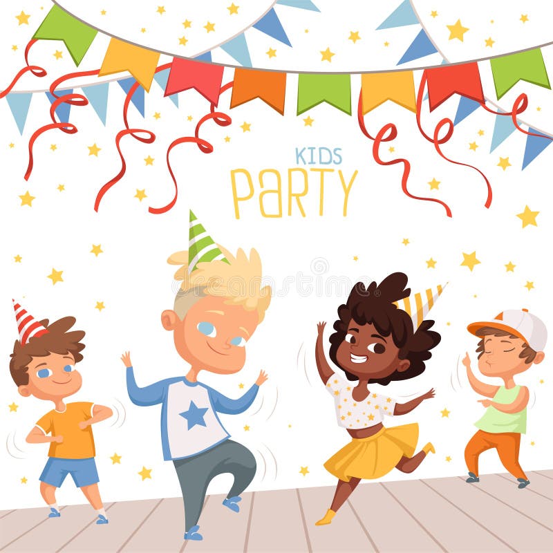 Background illustrations at childrens dance party. Template of poster for kids invitation