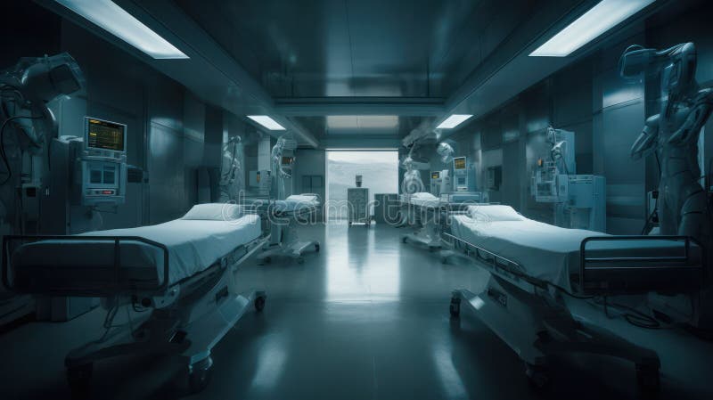 Background of the interior of a modern hospital with an empty long room royalty free illustration