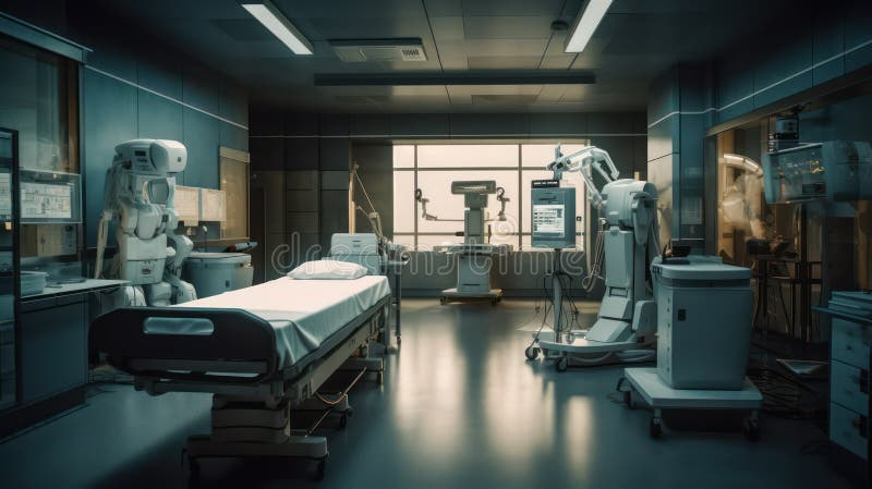 Background of the interior of a modern hospital with an empty long room stock illustration