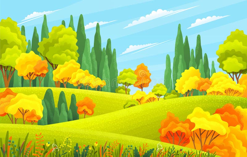 Background of Italian countryside. Nature hills fields blue sky clouds and sun countryside