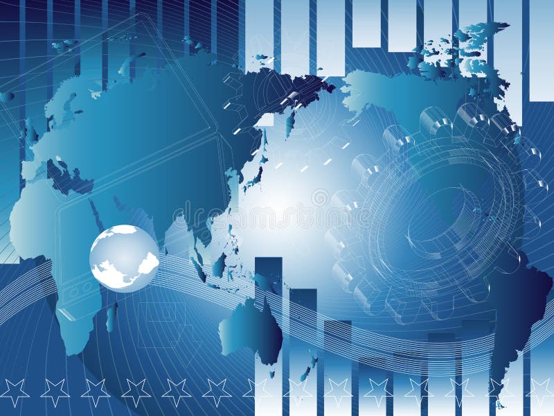 Vector illustrated background with map of the world and objects of communications and technologies. Background globe laptop vectors