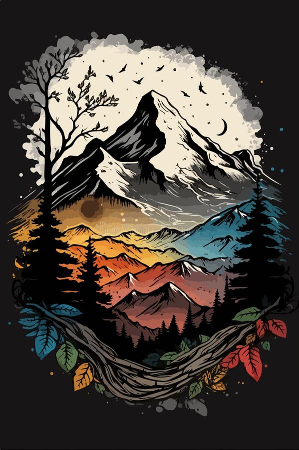 Background of mountain landscape with trees, mountains and forest. Vector illustration