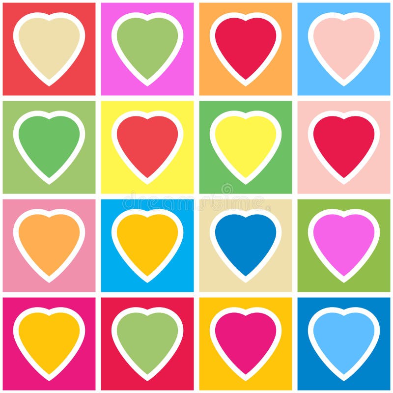 Background with multicolor hearts on grid