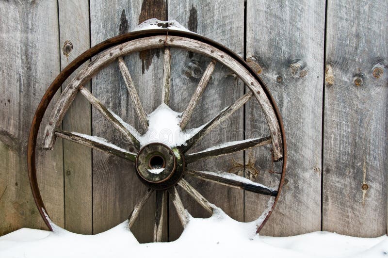 Background old rusty wheel and board wall