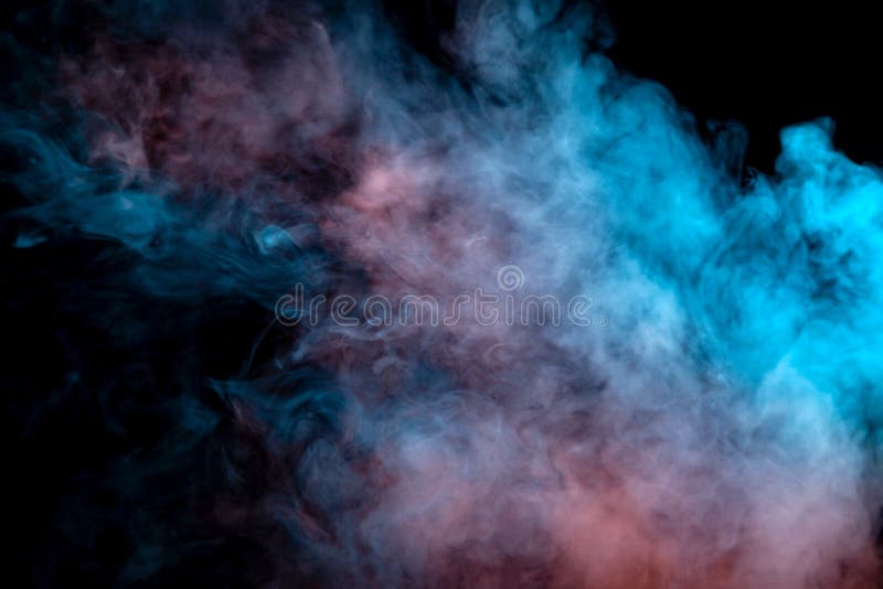 Background of orange, purple, red and blue wavy smoke on a black isolated ground. Abstract pattern of steam from vape of smoothly rising clubs. Mocap and print for t-shirt