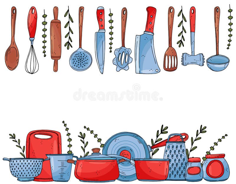 Banner of elements with hand drawn kitchenware isolate on a white background vector illustration