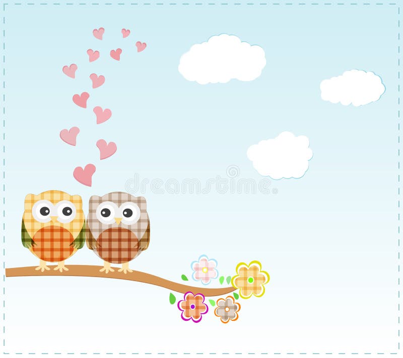 Background with owls in love sitting on branch