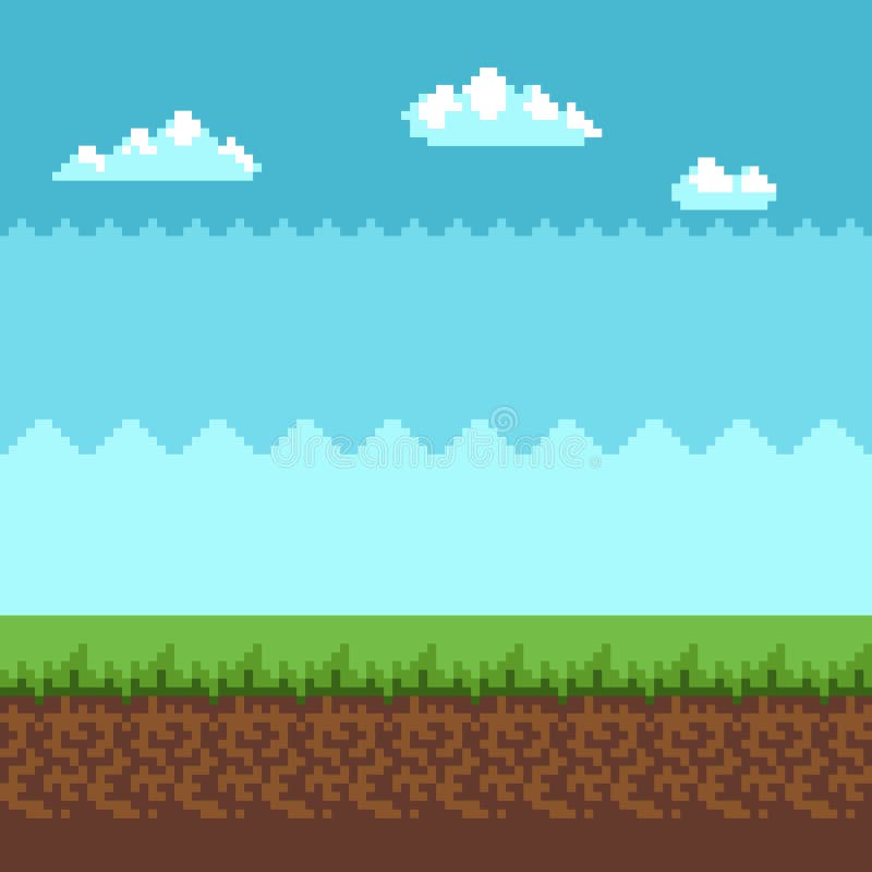 Background in Pixel Art Summer Style and Blue Sky with Clouds. Stock ...