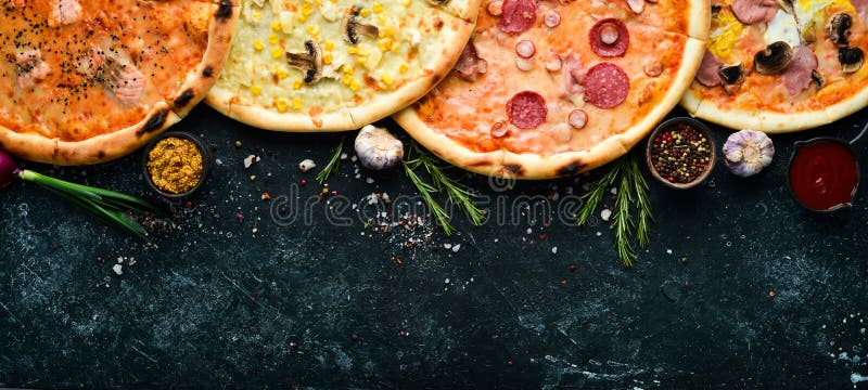 Background Pizza. Set of Delicious Pizzas with Bacon, Cheese and Mushrooms  Stock Photo - Image of pepper, mediterranean: 183994608