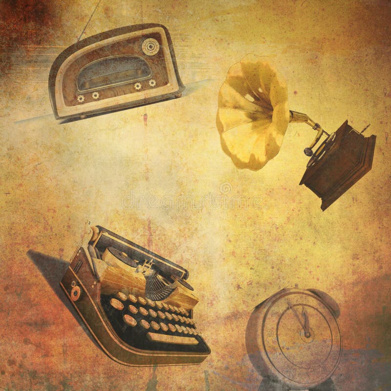 Background with radio, typewriter, alarm clock