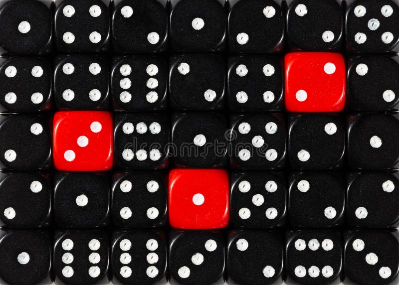 Background of random ordered black dices with three red cubes stock image