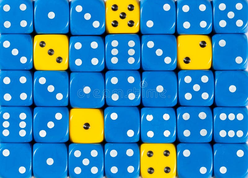 Background of random ordered blue dices with five yellow cubes stock photo Background of random ordered blue dices with five yellow cubes stock photo