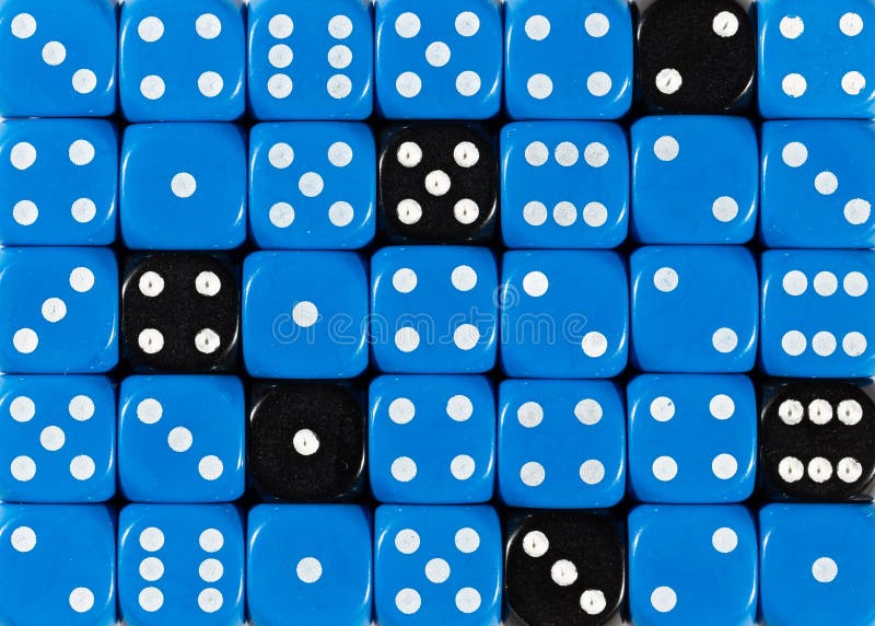 Background of random ordered blue dices with six black cubes royalty free stock photography