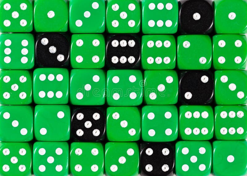 Background of random ordered green dices with six black cubes royalty free stock image