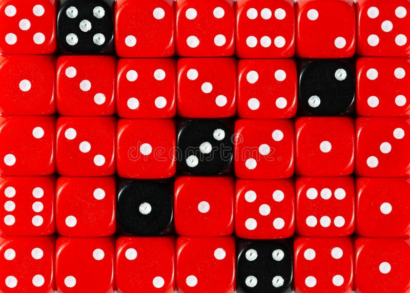 Background of random ordered red dices with five black cubes royalty free stock photo