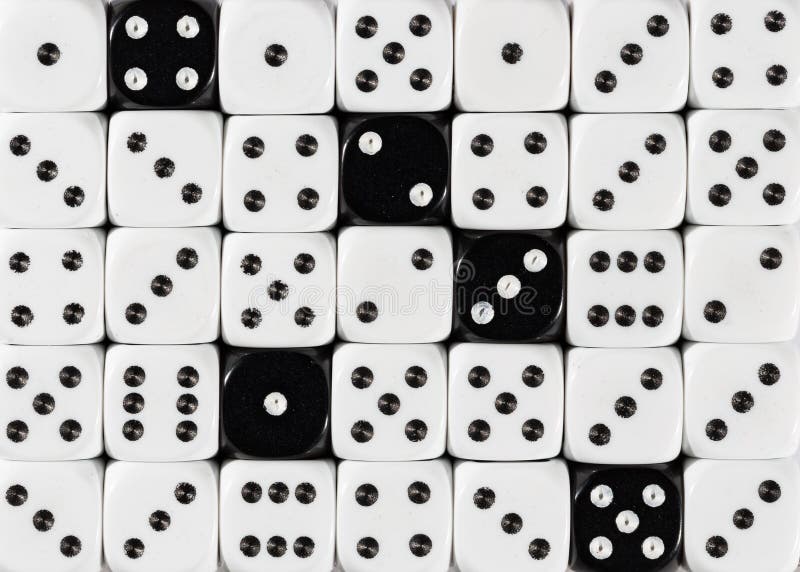 Background of random ordered white dices with five black cubes royalty free stock image